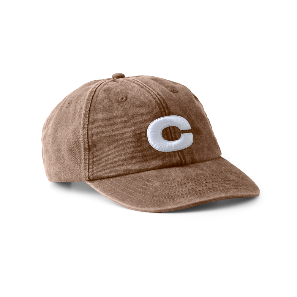 Brown cap with a white 'C' logo on a white background