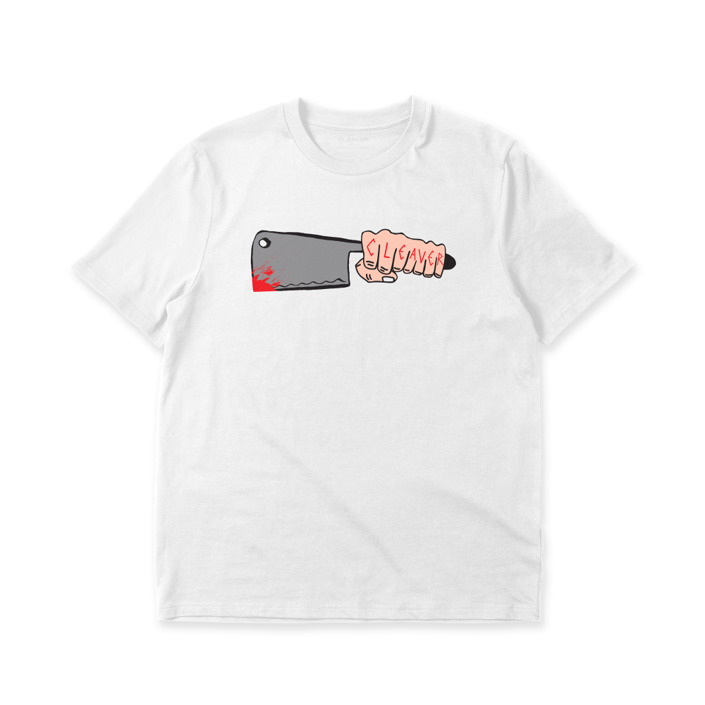 White t-shirt with a graphic of a hand holding a cleaver and the word 'Cleaver' on a white background