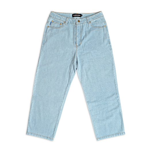 The Cleaver Carroll Pant is made from durable 14oz 100% cotton denim fabric, offering a semi-baggy fit for comfort and style