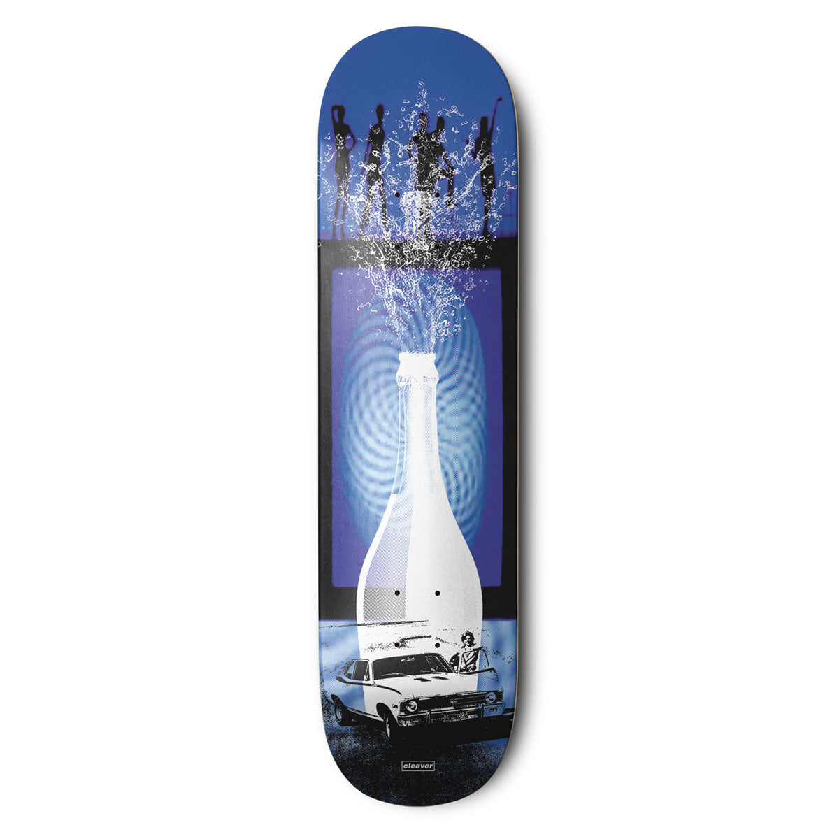 Skateboard deck with a design of a bottle and people on a blue background