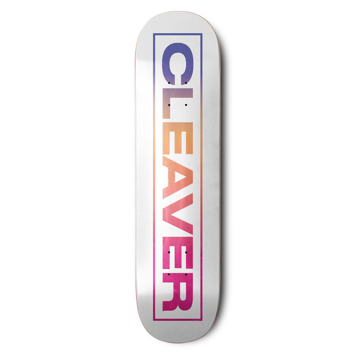 Skateboard deck with 'CLEAVER' branding in gradient colors on a white background