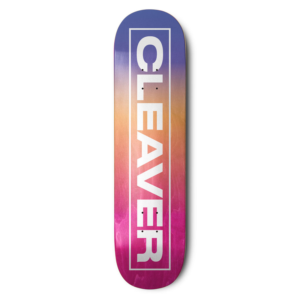 Skateboard deck with 'CLEAVER' logo on a gradient purple to pink background