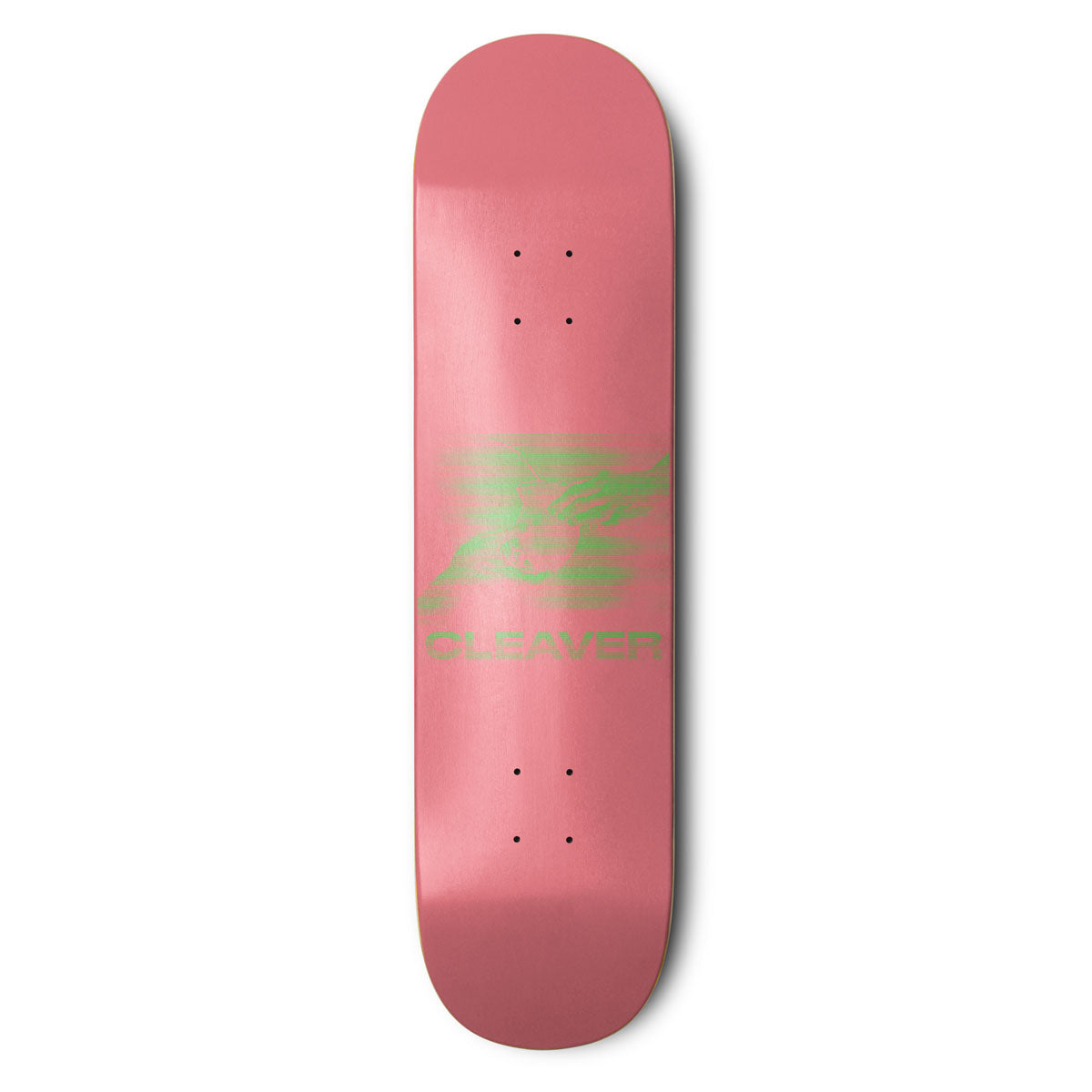 Pink skateboard deck with green logo on a white background