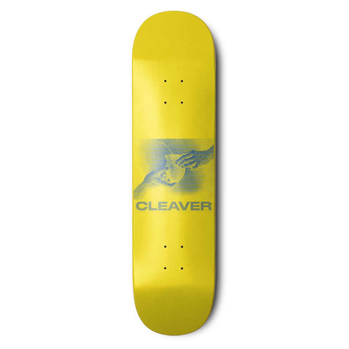 Yellow skateboard deck with 'Cleaver' logo on a white background