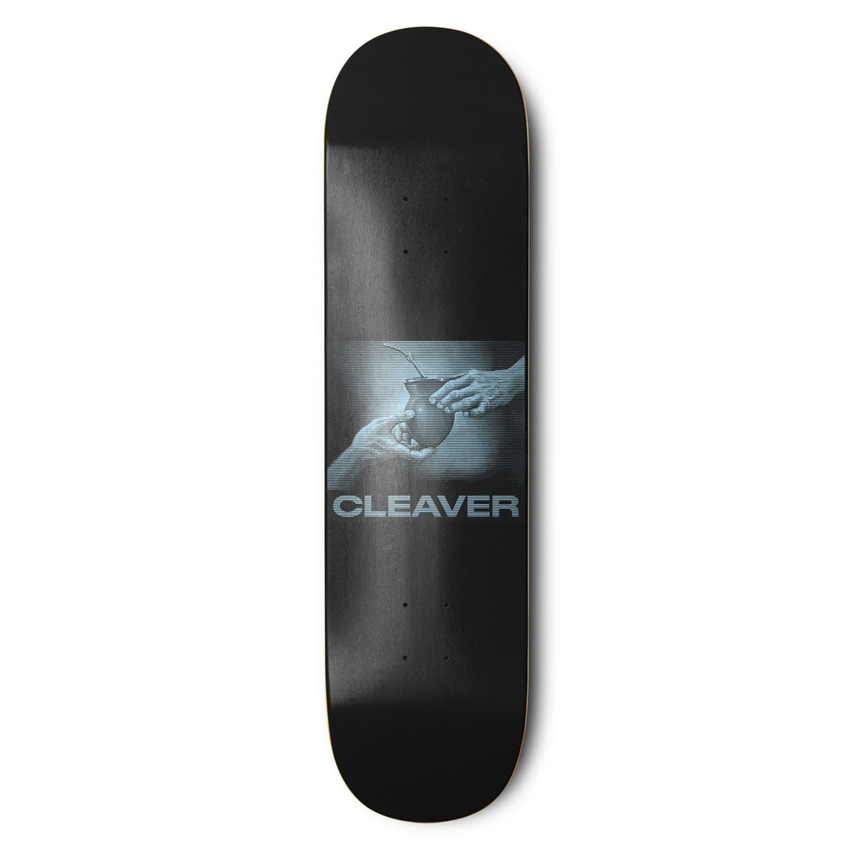Black skateboard deck with a graphic design and 'Cleaver' branding on a white background