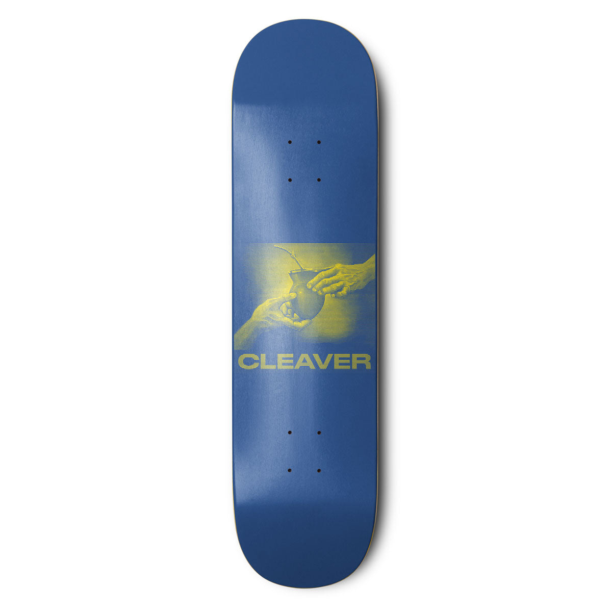 Blue skateboard deck with yellow graphic and 'Cleaver' branding on a white background