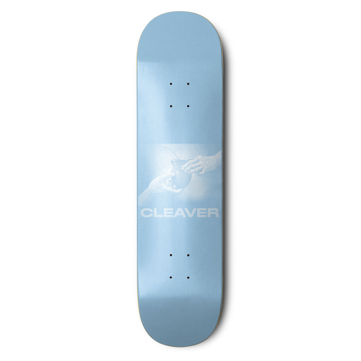 Blue skateboard deck with a logo on a white background