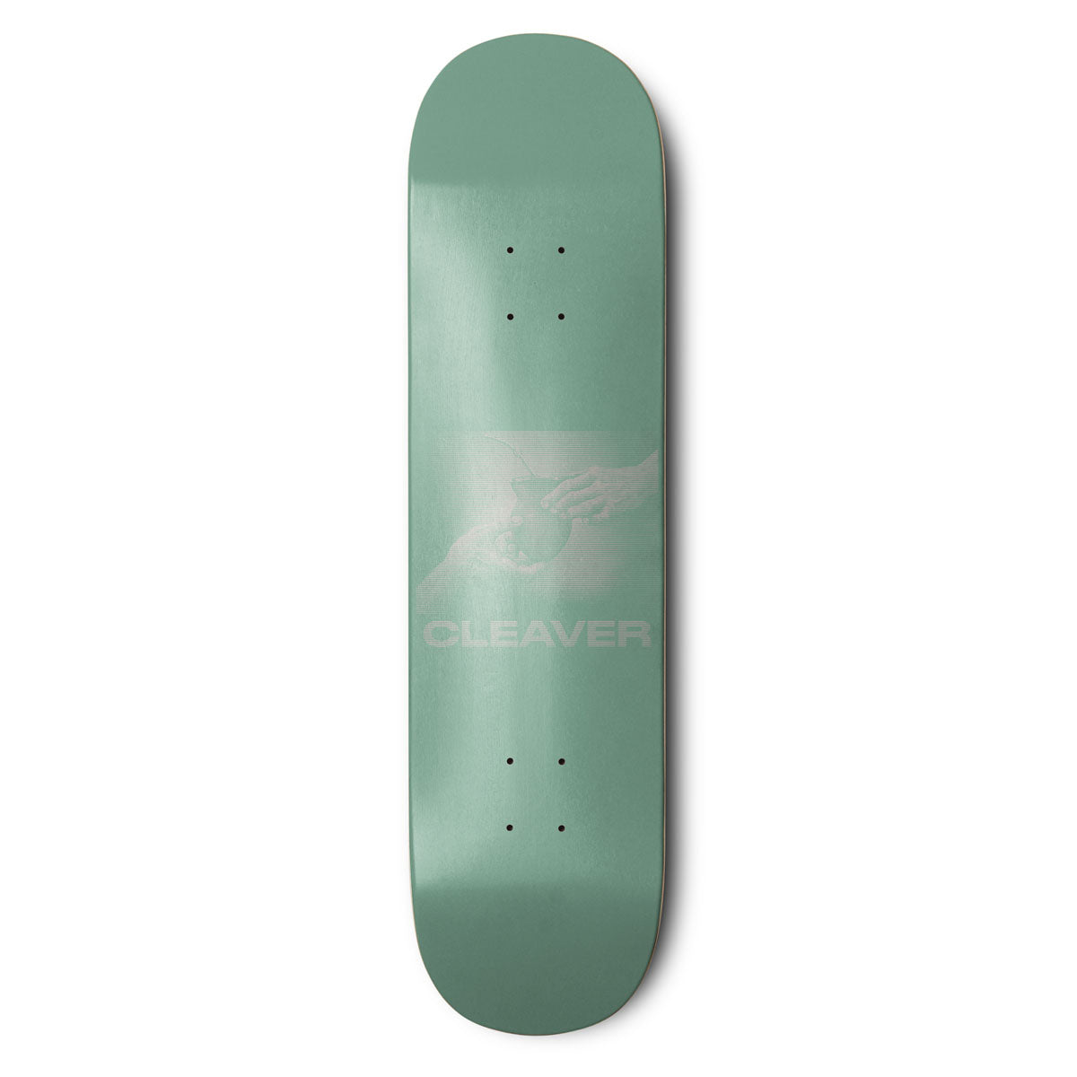 Green skateboard deck with 'Cleaver' logo on a white background