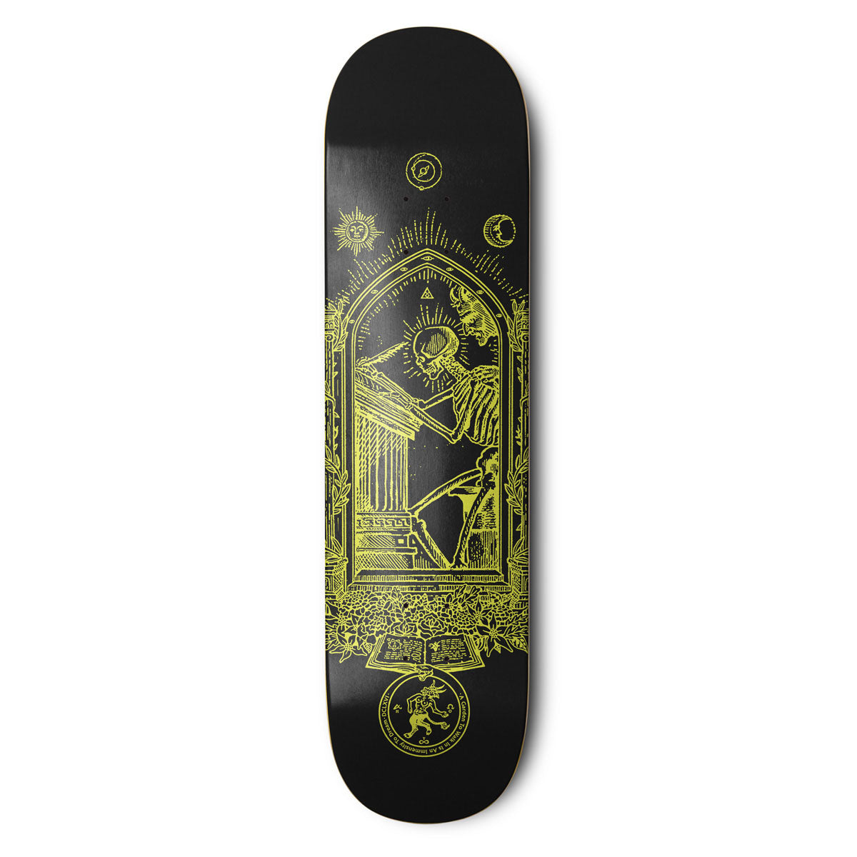 Skateboard deck with yellow intricate design on a black background