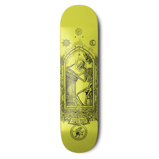 Skateboard deck with black graphic design on a yellow background