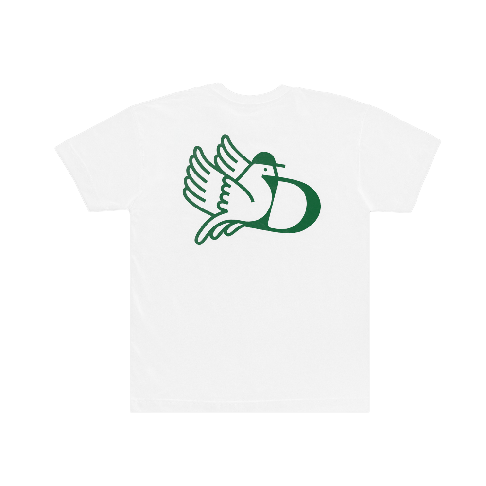 White t-shirt with a green logo on a white background