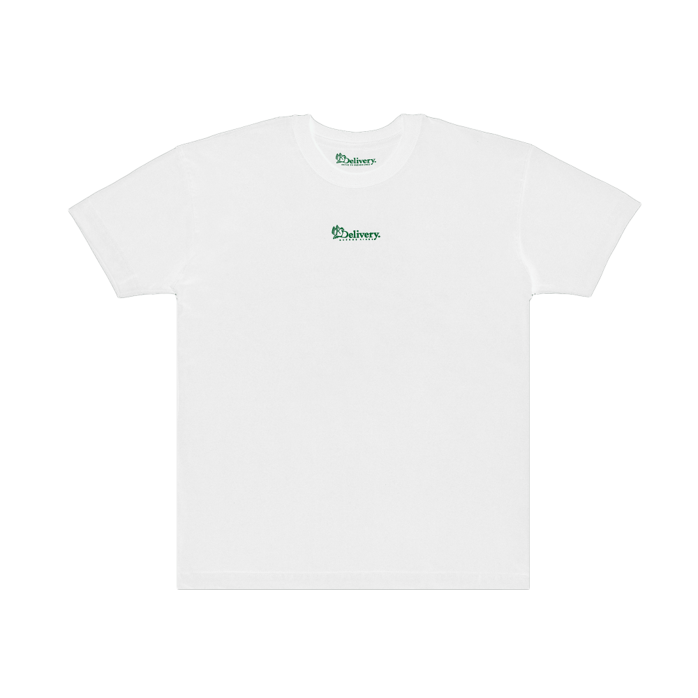 White t-shirt with green and black text on a white background