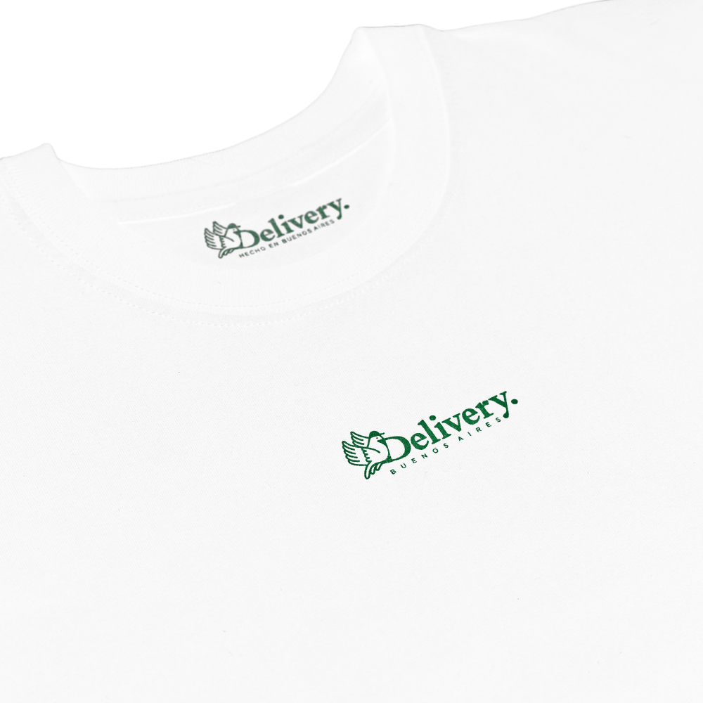 White t-shirt with 'Delivery' logo on a white background